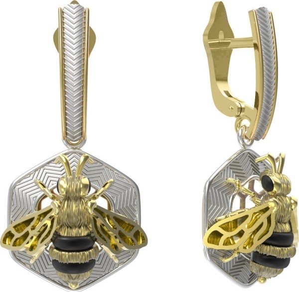 Серьги из лимонного золота c эмалью, ониксом и эмалью