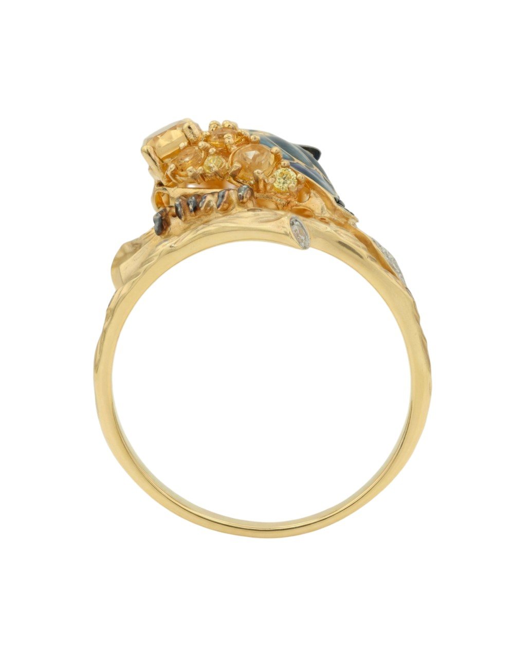 Кольцо из лимонного золота c эмалью, фианитом, цитрином и сапфиром