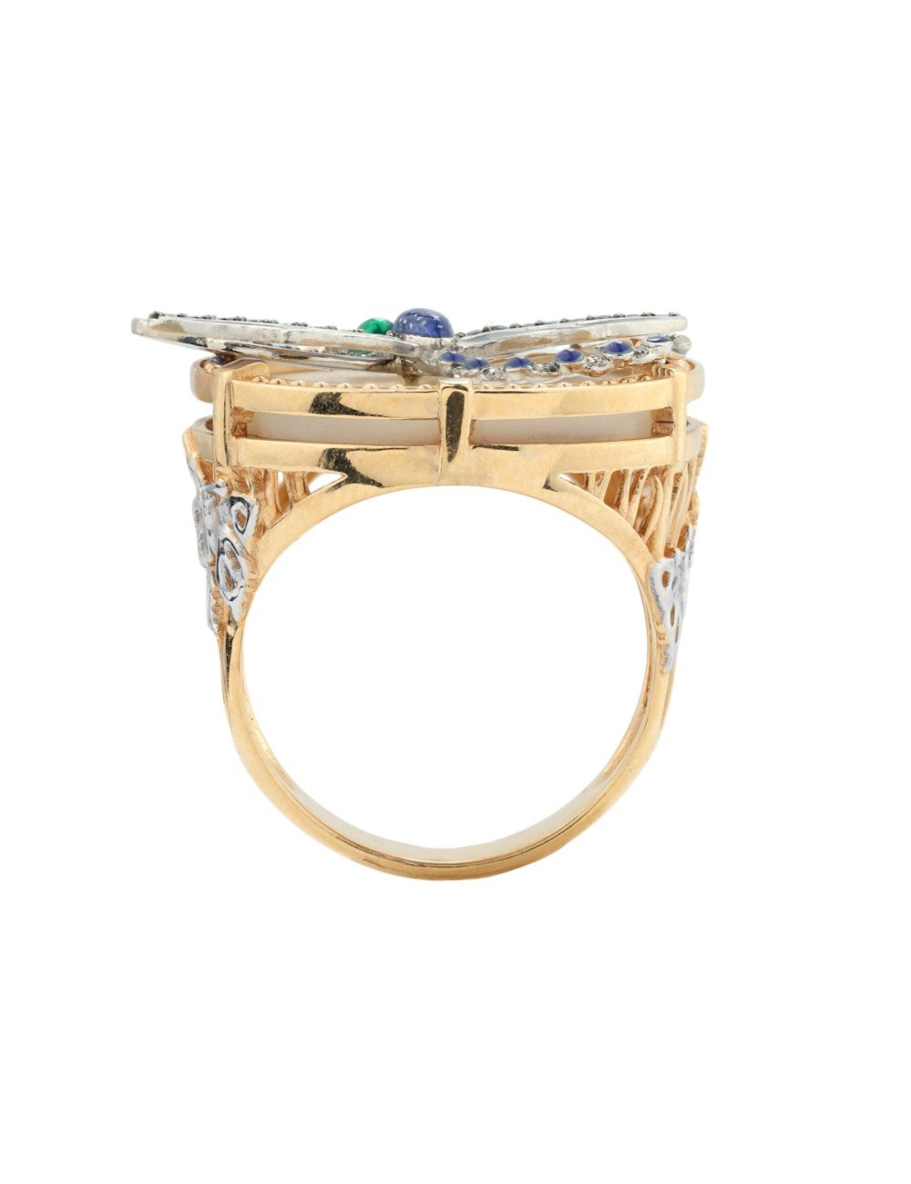 Кольцо из золота c сапфиром, эмалью и перламутром