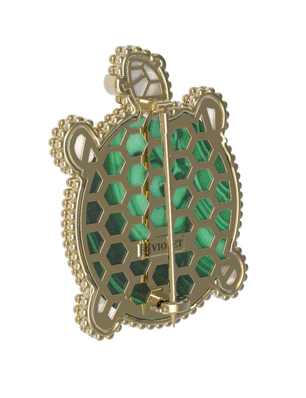 Брошь из лимонного золота c эмалью, малахитом и перламутром