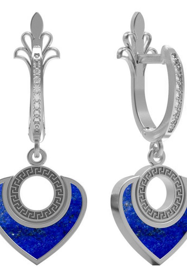 Серьги из белого золота c фианитом и лазуритом