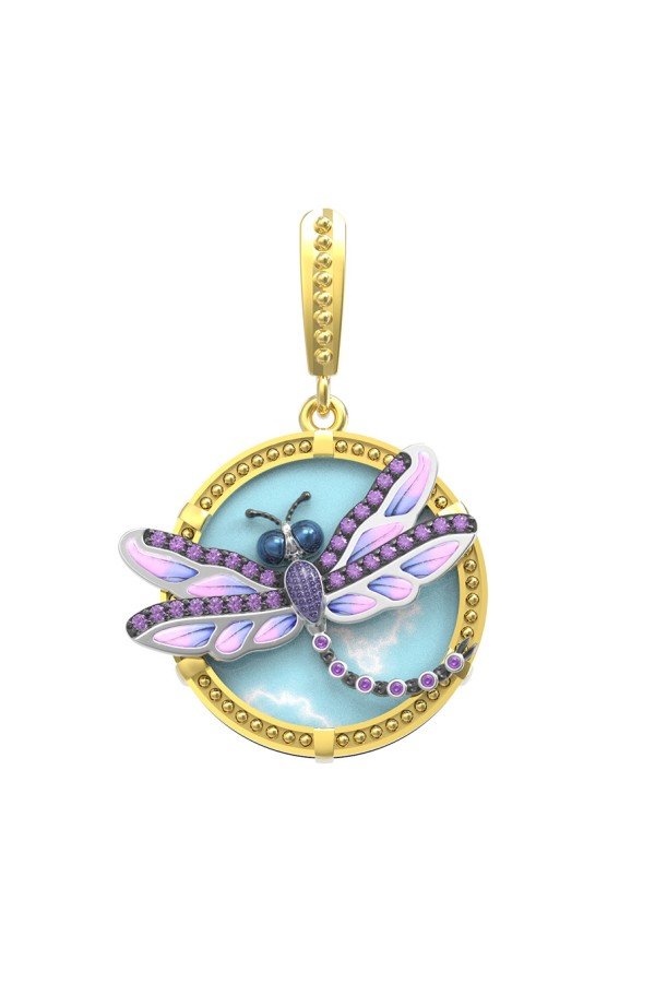 Подвеска из лимонного золота c бирюзой, аметистом и эмалью