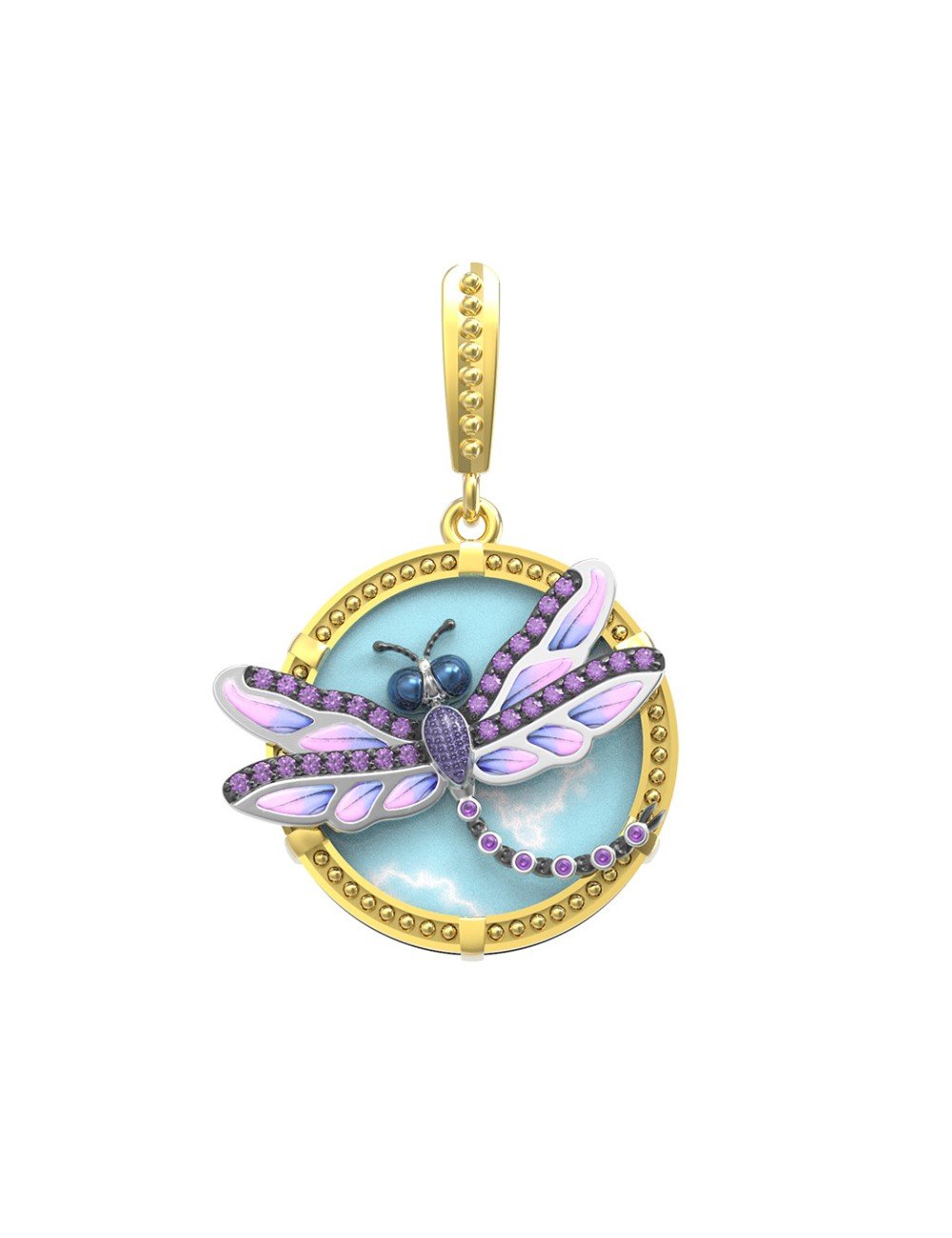 Подвеска из лимонного золота c бирюзой, аметистом и эмалью