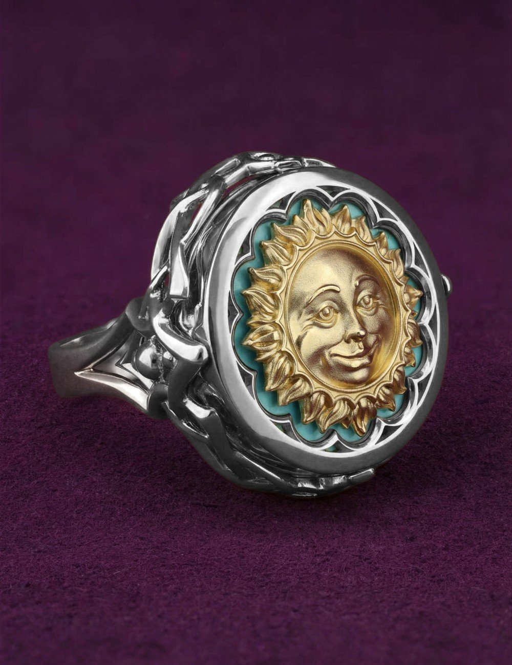 Кольцо из белого золота c бирюзой и лазуритом