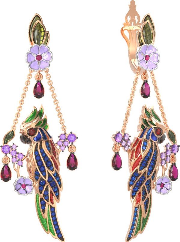 Серьги из золота c эмалью, аметистом, рубином, аметистом и сапфиром