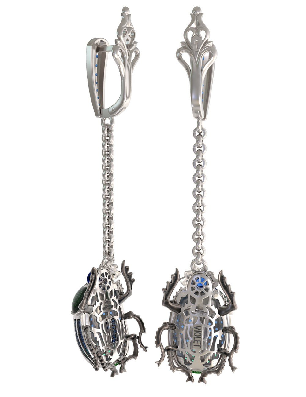 Серьги из белого золота c эмалью, фианитом и сапфиром