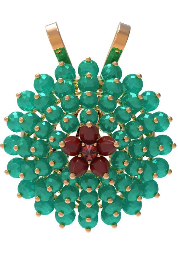 Подвеска из золота c гранатом, хризопразом и кораллом