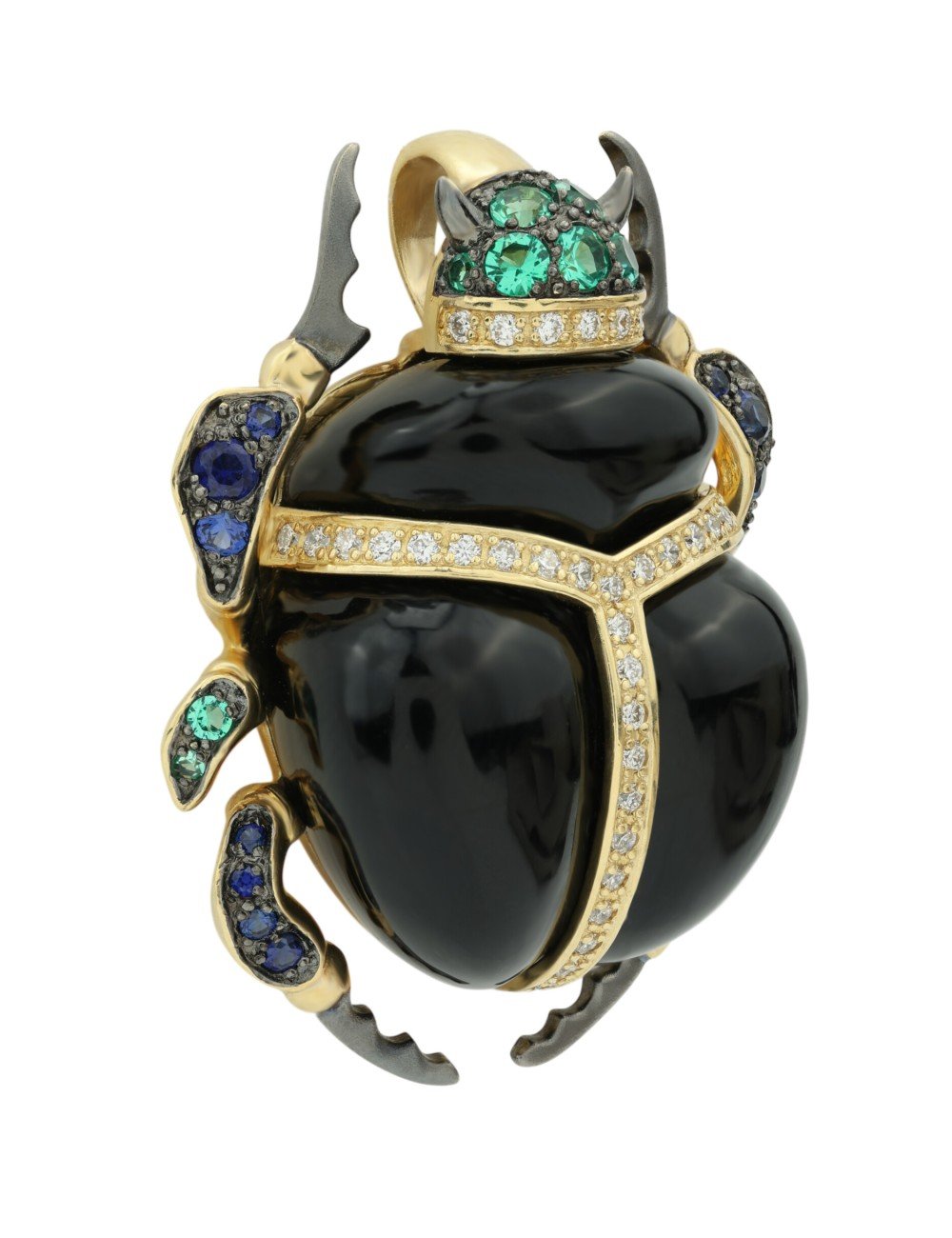 Подвеска из лимонного золота c бриллиантами, сапфиром, изумрудом, ониксом и изумрудом