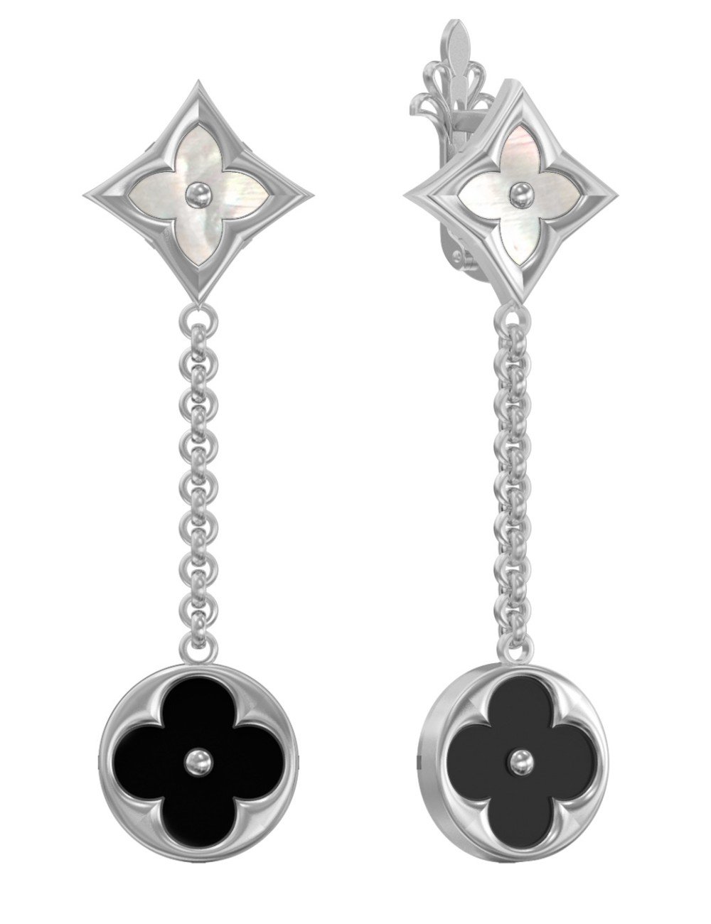 Серьги из белого золота c ониксом и перламутром