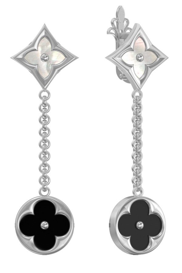 Серьги из белого золота c ониксом и перламутром