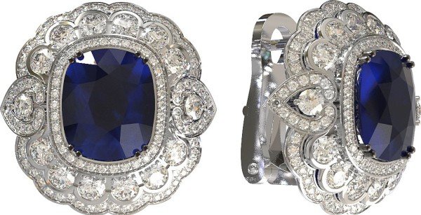 Серьги из белого золота c бриллиантами и сапфиром