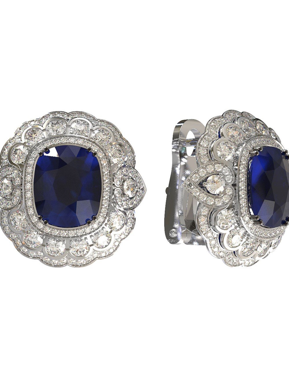 Серьги из белого золота c бриллиантами и сапфиром