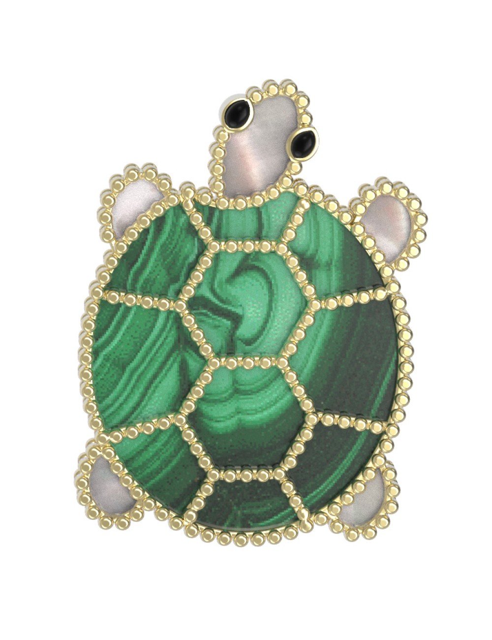 Брошь из лимонного золота c эмалью, малахитом и перламутром