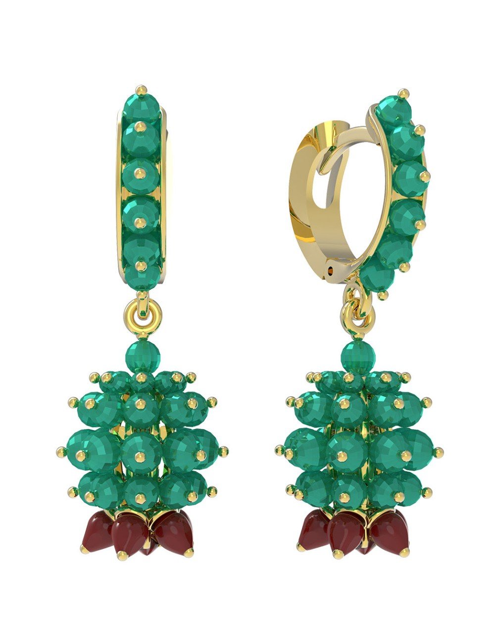 Серьги из лимонного золота c гранатом, хризопразом и кораллом