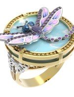 Кольцо из лимонного золота c бирюзой, аметистом и эмалью