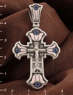 Крест из белого золота c эмалью и сапфиром