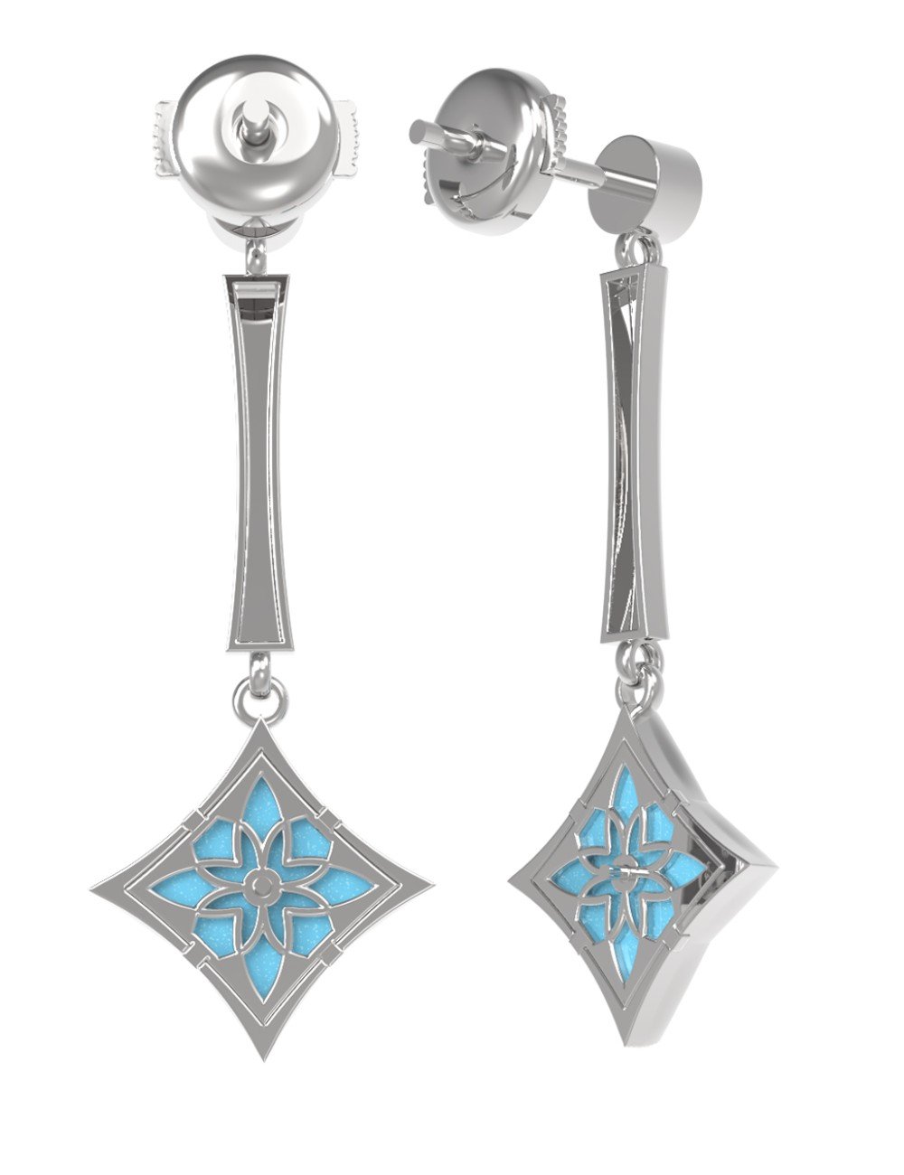 Серьги из белого золота c фианитом и бирюзой