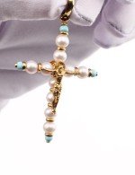 Крест из лимонного золота c жемчугом и бирюзой