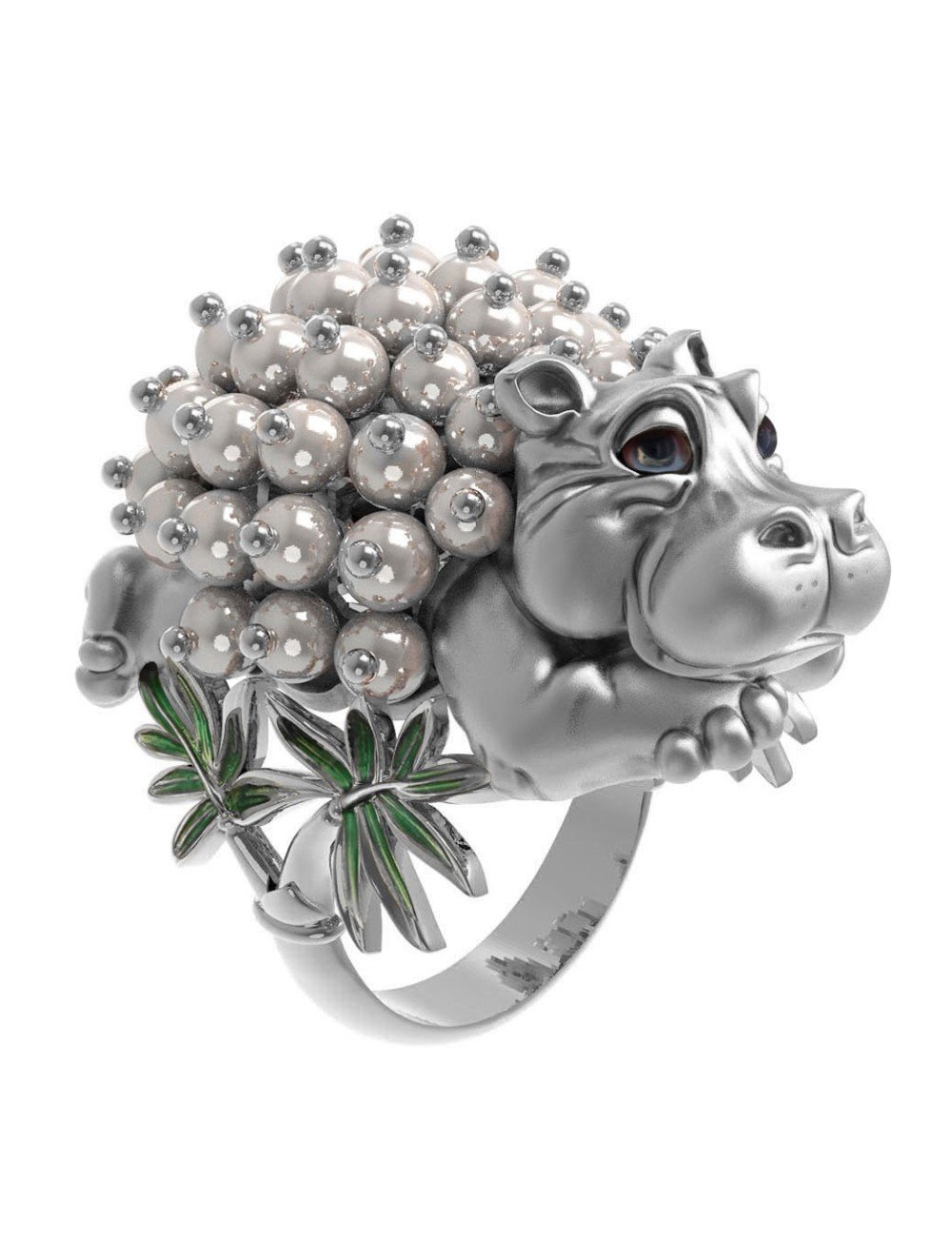 Кольцо из белого золота c эмалью и жемчугом