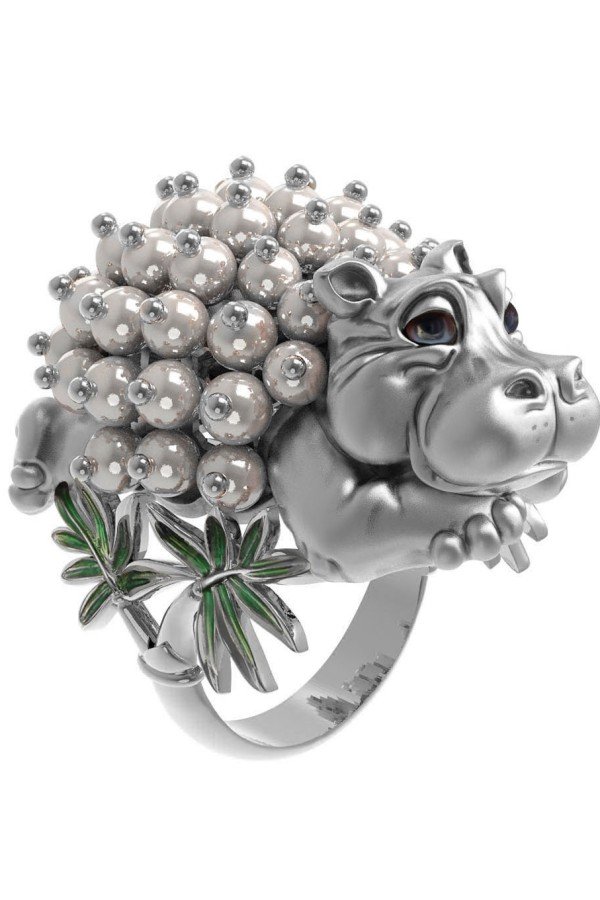 Кольцо из белого золота c эмалью и жемчугом