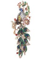 Брошь из золота c эмалью, фианитом, гранатом, жемчугом, сапфиром, кораллом и перламутром