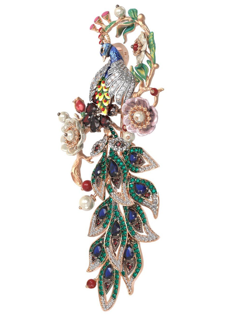 Брошь из золота c эмалью, фианитом, гранатом, жемчугом, сапфиром, кораллом и перламутром