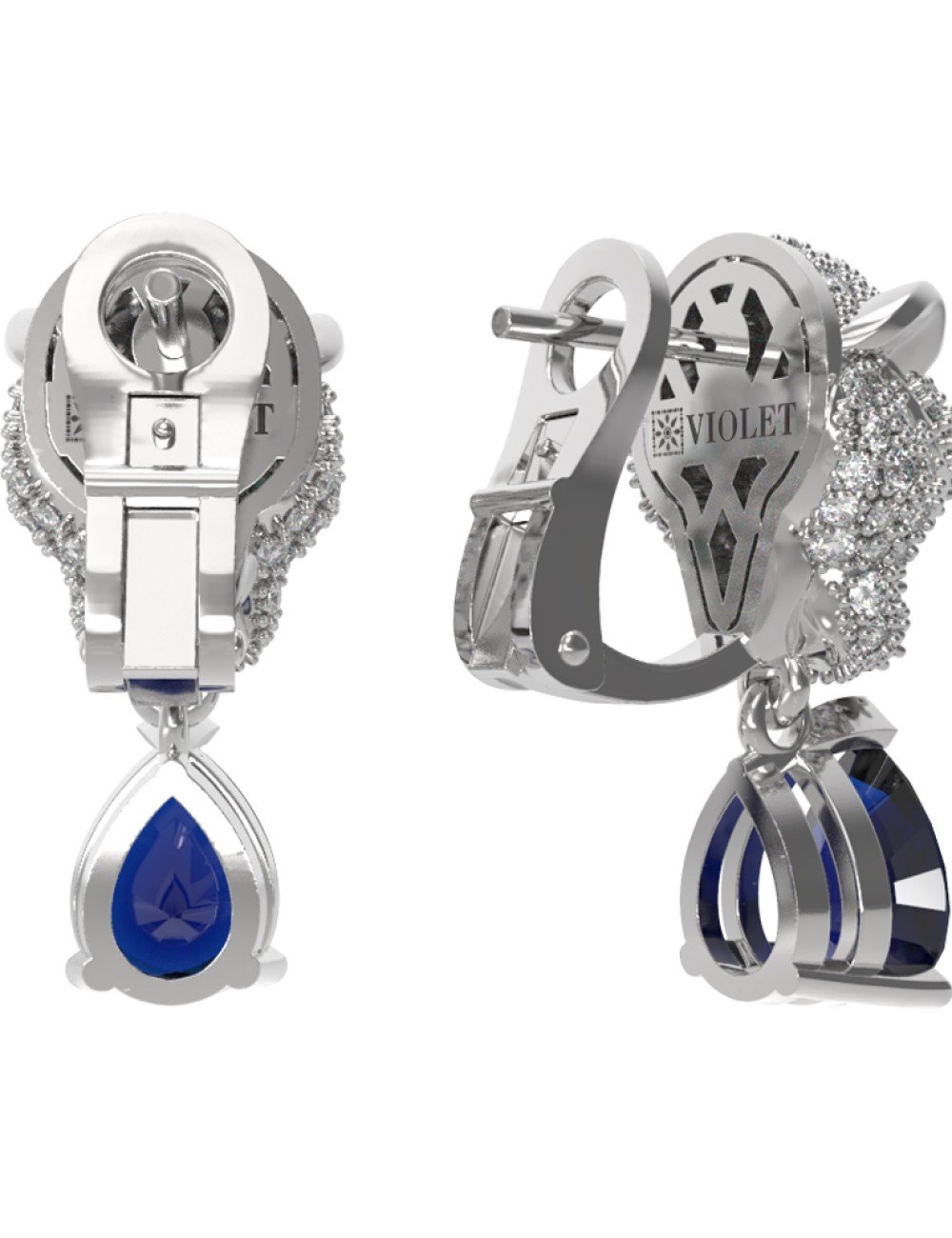 Серьги из белого золота c бриллиантами, сапфиром и изумрудом