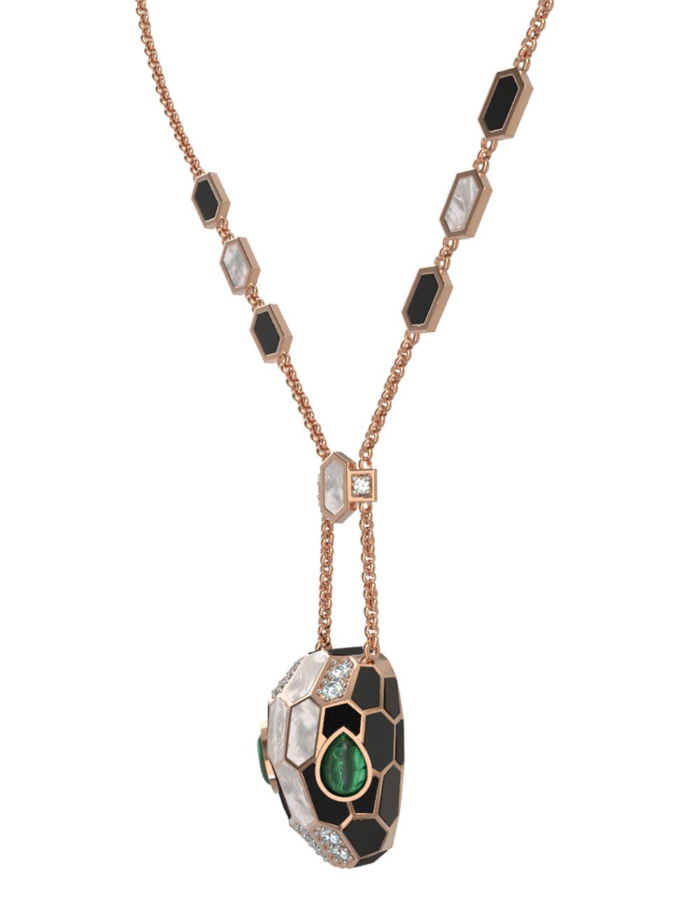 Колье из золота c бриллиантами, рубином, ониксом, малахитом и перламутром