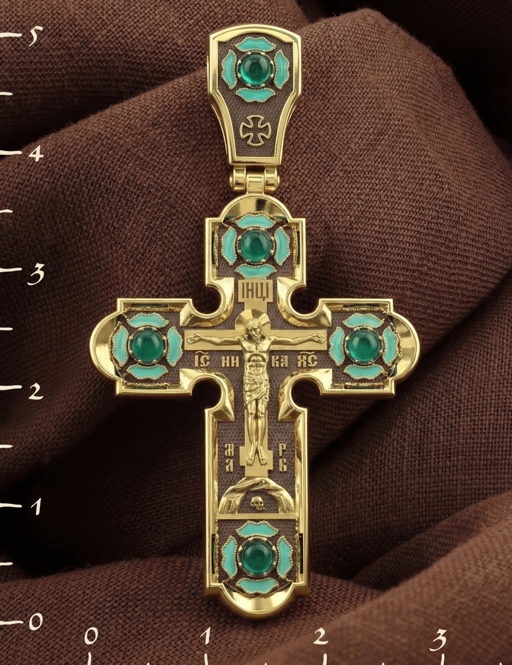 Крест из лимонного золота c эмалью и хризопразом