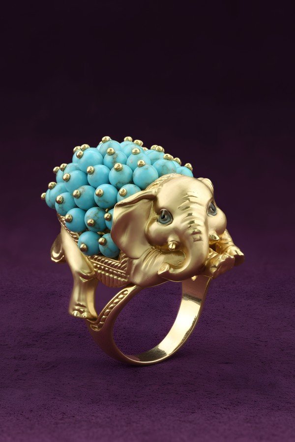 Кольцо из лимонного золота c эмалью и бирюзой