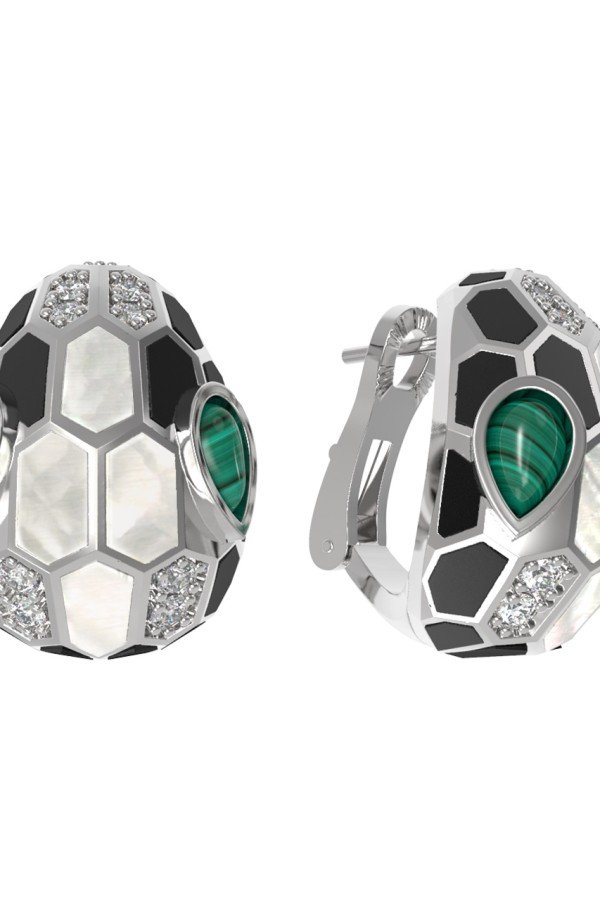 Серьги из белого золота c бриллиантами, рубином, ониксом, малахитом и перламутром