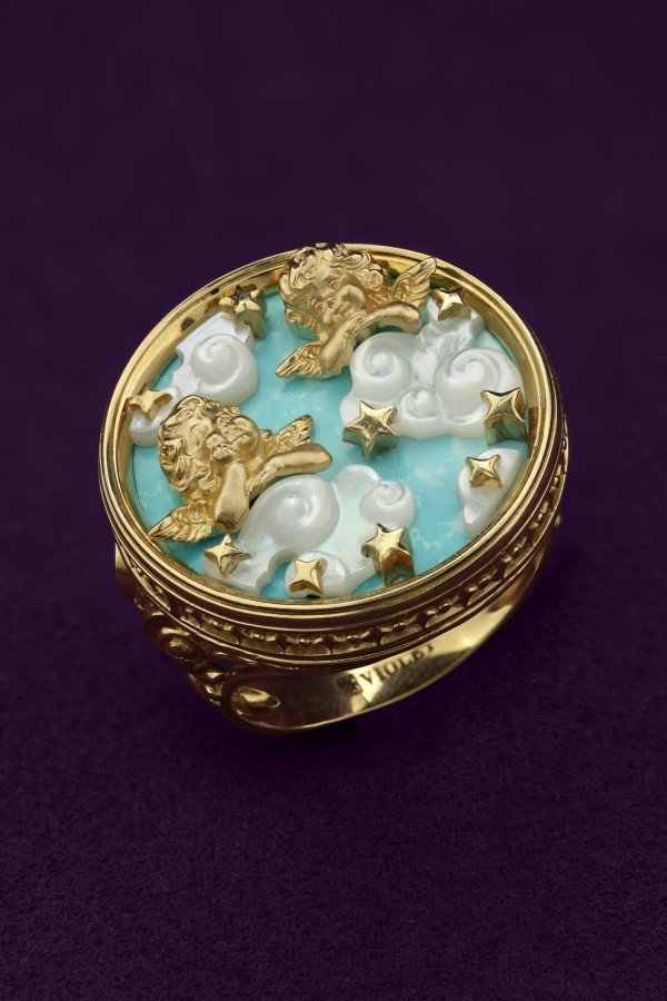 Кольцо из лимонного золота c бирюзой и перламутром