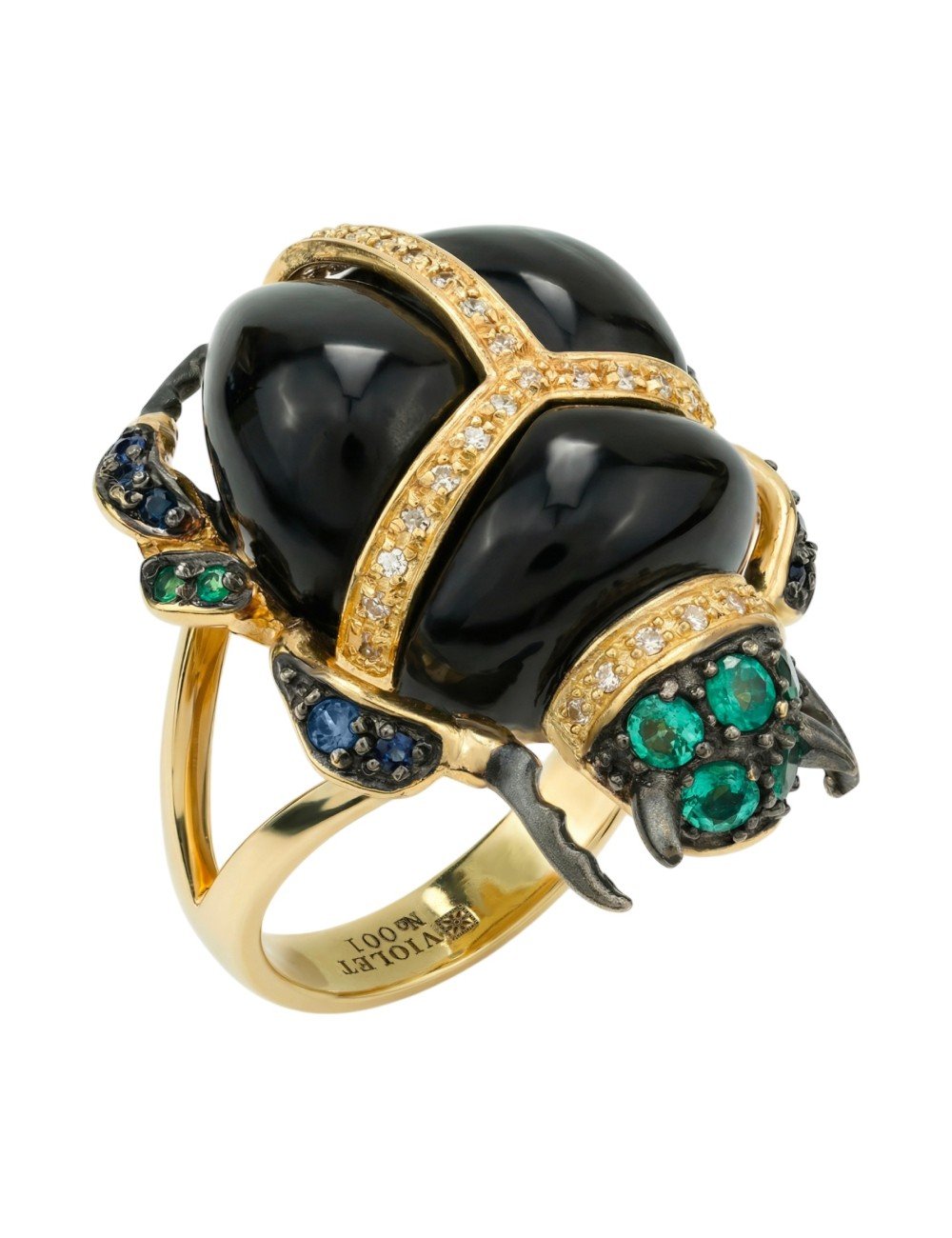 Кольцо из лимонного золота c бриллиантами, сапфиром, изумрудом и ониксом