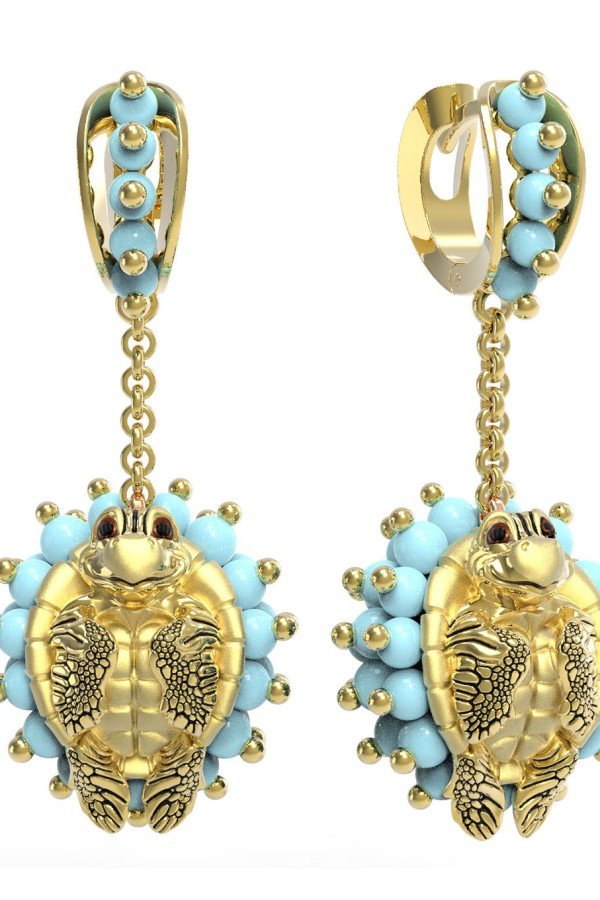 Серьги из лимонного золота c эмалью и бирюзой