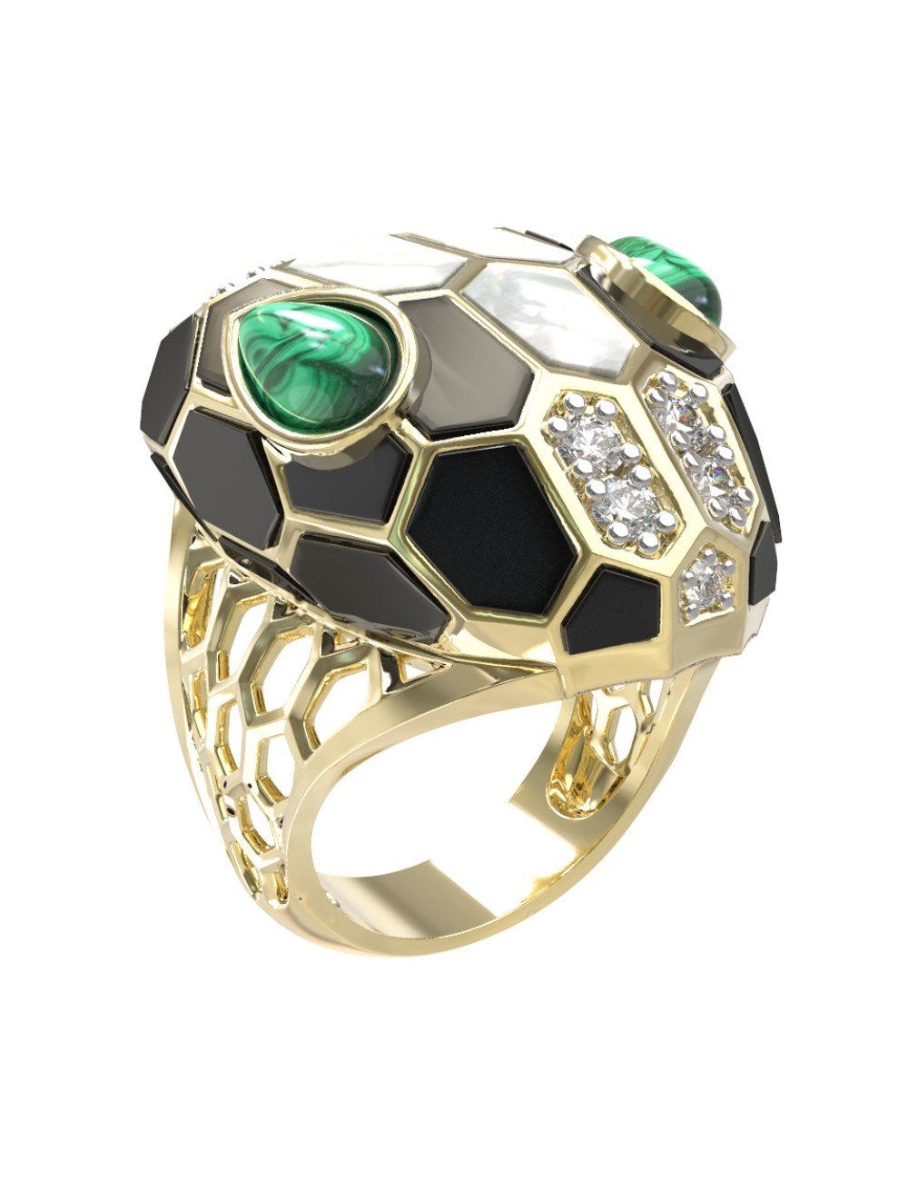 Кольцо из лимонного золота c бриллиантами, рубином, ониксом, малахитом и перламутром