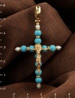 Крест из лимонного золота c жемчугом и бирюзой