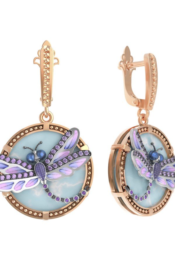 Серьги из золота c бирюзой, аметистом и эмалью