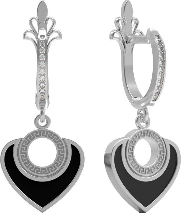 Серьги из белого золота c фианитом и ониксом