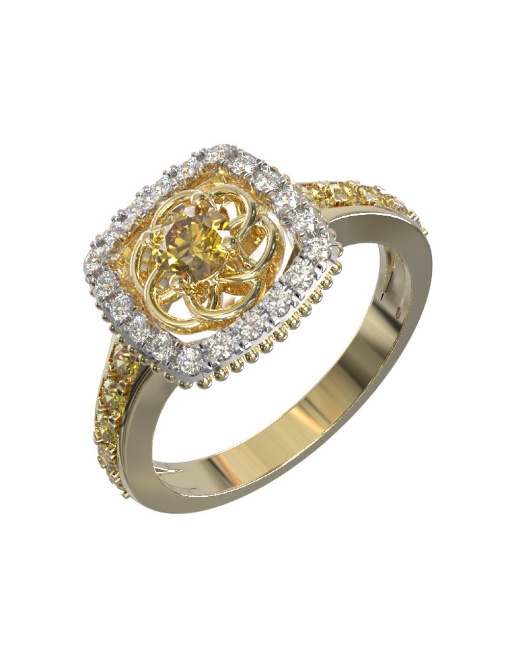 Кольцо из лимонного золота c бриллиантами и сапфиром