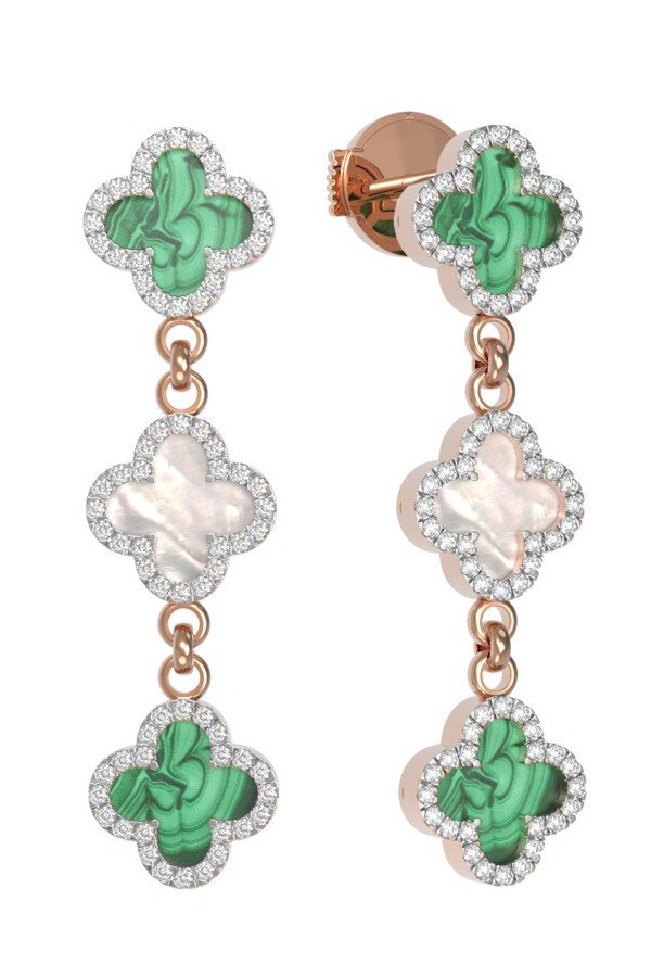 Серьги из золота c бриллиантами, малахитом и перламутром