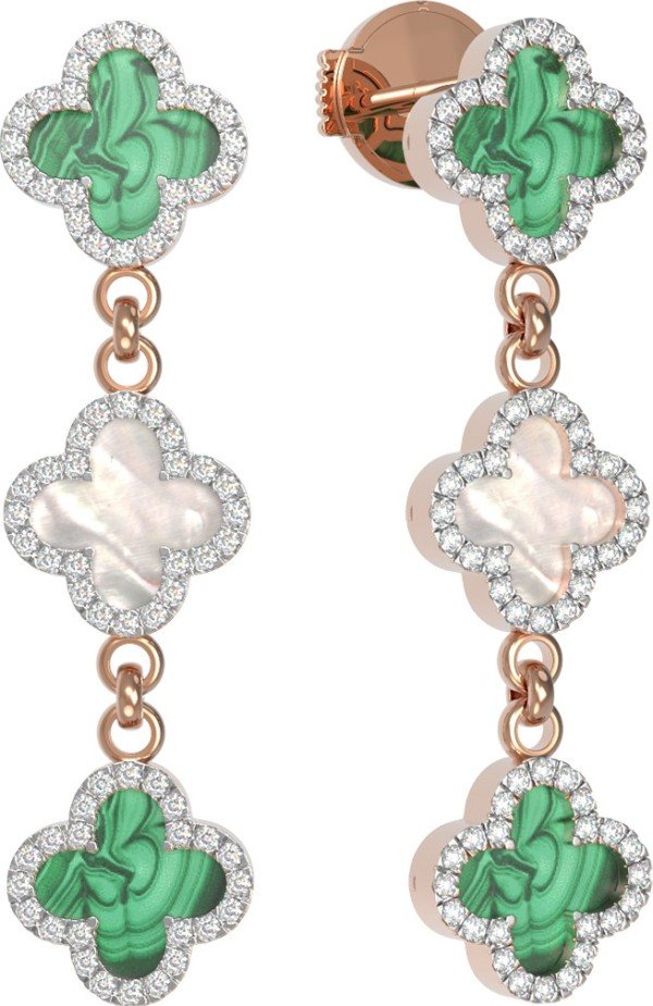 Серьги из золота c бриллиантами, малахитом и перламутром