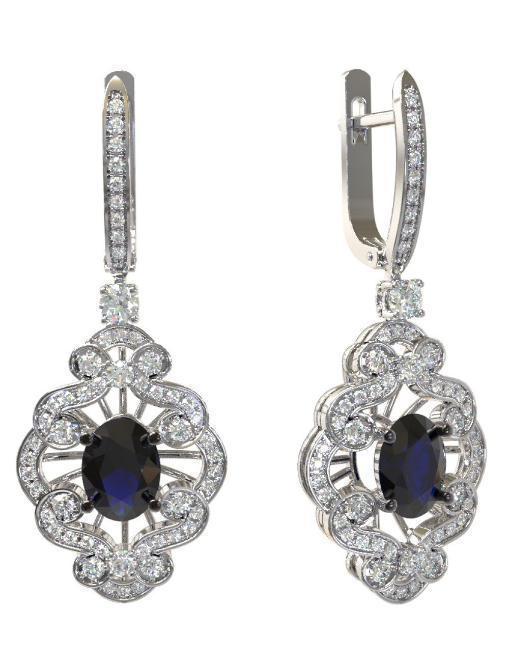 Серьги из белого золота c бриллиантами и сапфиром