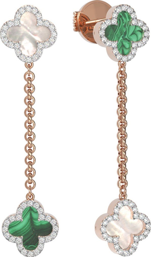 Серьги из золота c бриллиантами, малахитом и перламутром