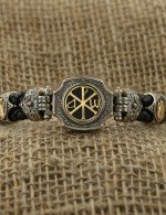 Браслет из серебра и золота c кожаным шнурком и ониксом