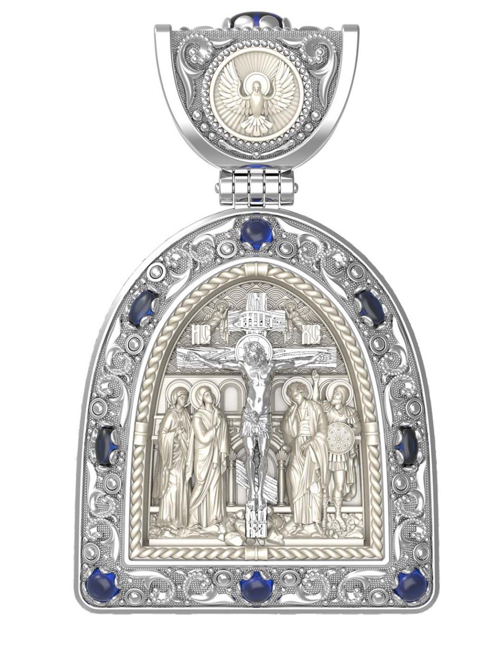 Образок из белого золота c эмалью, сапфиром и бивнем мамонта