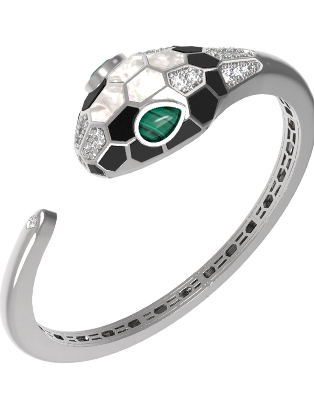 Браслет из белого золота c бриллиантами, рубином, ониксом, малахитом и перламутром