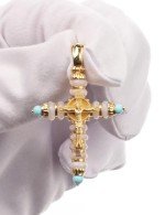 Крест из лимонного золота c бирюзой и кахолонгом