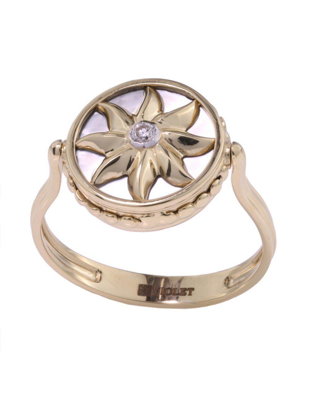 Кольцо из лимонного золота c бриллиантами, ониксом и перламутром