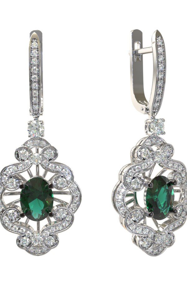 Серьги из белого золота c бриллиантами и изумрудом