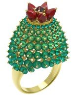 Кольцо из лимонного золота c гранатом, хризопразом, изумрудом и кораллом